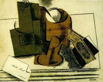 Pablo Picasso Painting - Botella de bajo paquete de vidrio tabaco tarjeta de visita 1913 cubismo Pablo Picasso